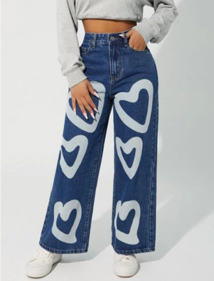 High Waist Heart Stone Blue Wide Leg Denim