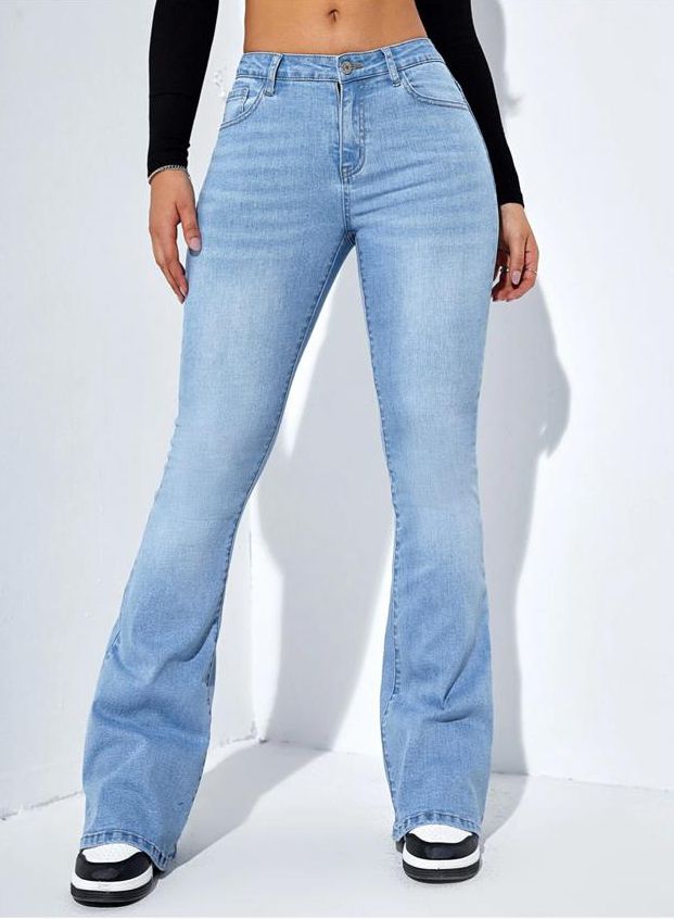 High Waist Ice Blue Whisker Boot-Cut Denim High Waist Ice Blue Whisker Boot-Cut Denim